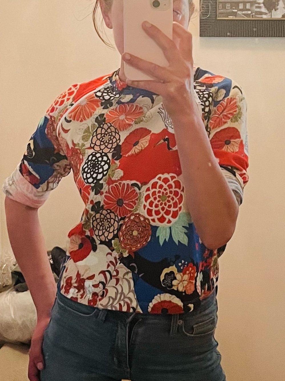 Carven Multicolor Floral Crane Print Pullover with Zipper Detail